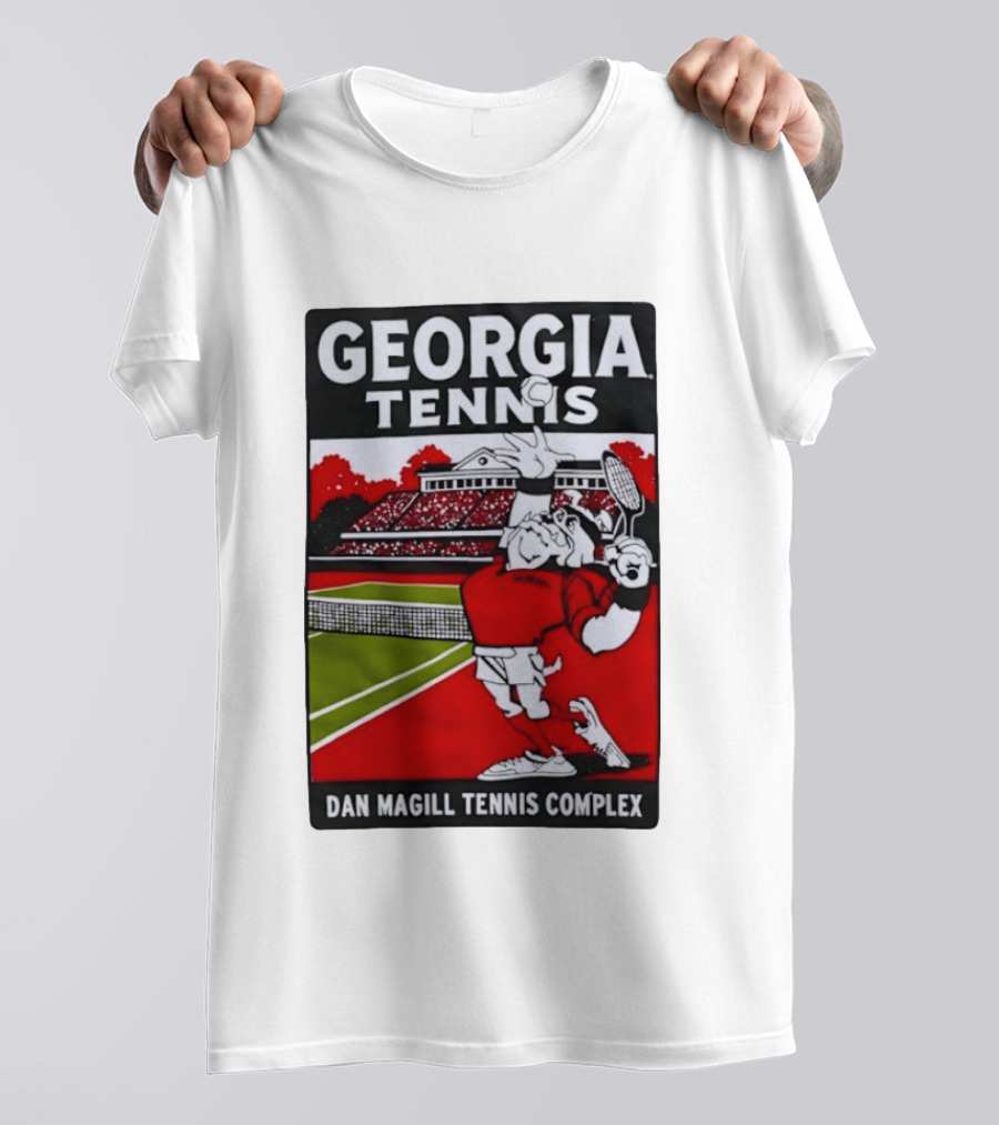 Georgia Tennis Dan Magill Tennis Complex Cartoon Character Court Scene T-Shirt