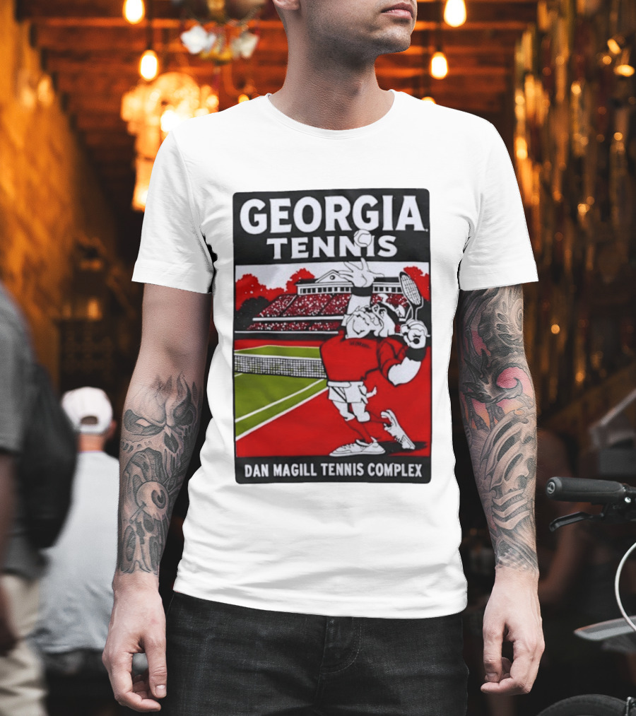 Georgia Tennis Dan Magill Tennis Complex Cartoon Character Court Scene T-Shirt