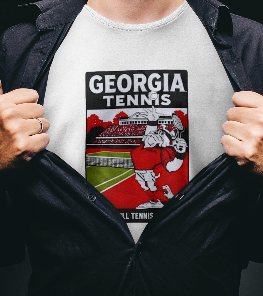 Georgia Tennis Dan Magill Tennis Complex Cartoon Character Court Scene T-Shirt