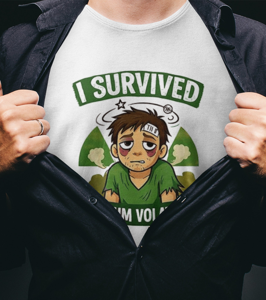 I Survived Uranium Volatility Exhausted Cartoon Character Wearing Torn Green T-Shirt