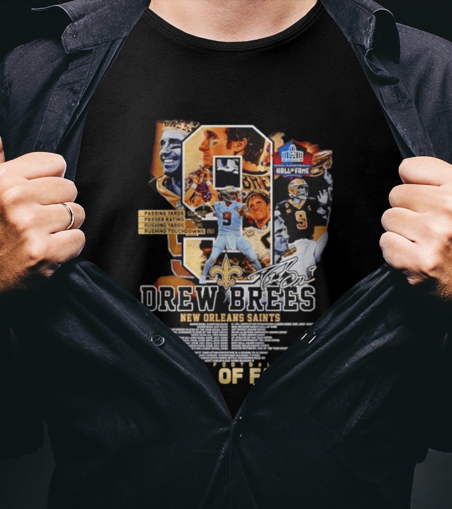 Drew Brees New Orleans Saints Hall Of Fame Passing Yards Touchdowns Memories T-Shirt