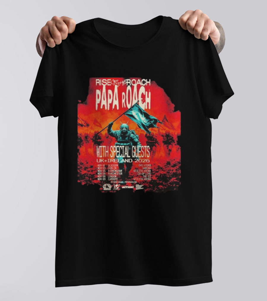 Papa Roach Rise Of The Roach With Special Guests UK Ireland Tour 2026 Dates Glasgow Dublin Birmingham Manchester London Cardiff T-Shirt
