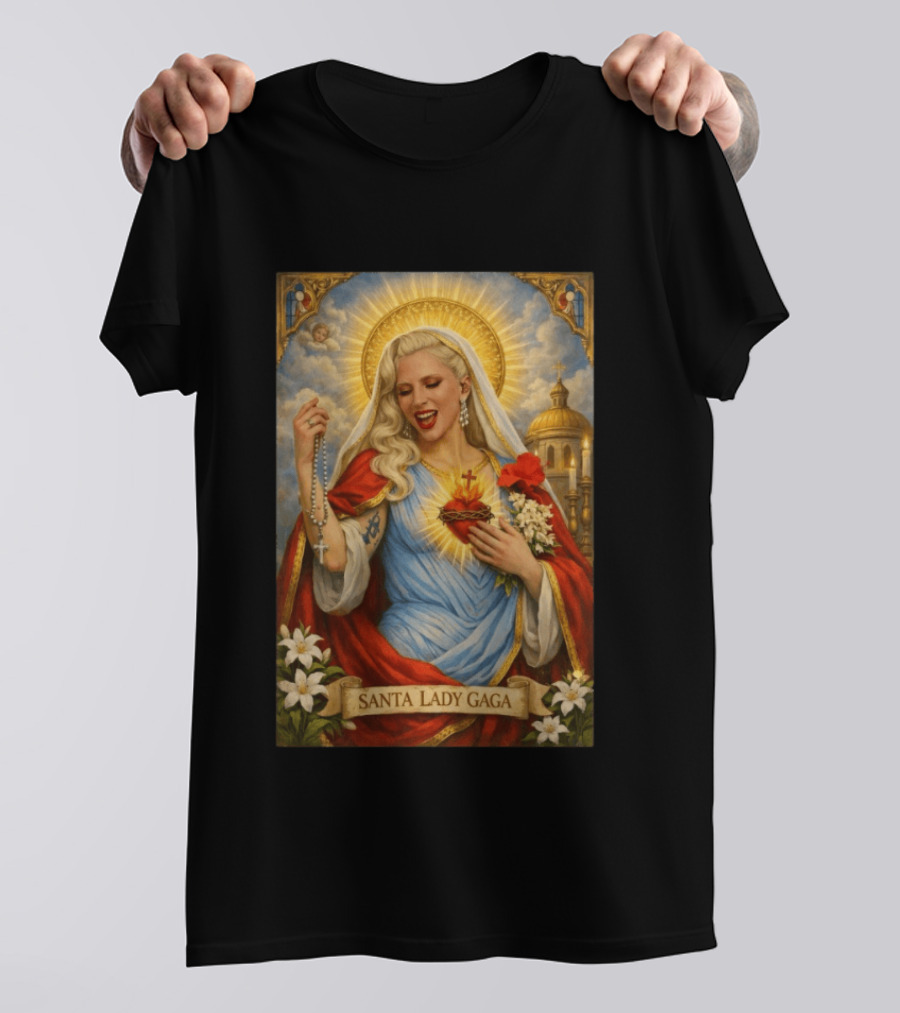 Santa Lady Gaga Sacred Heart Imagery With Rosary And Golden Halo T-Shirt