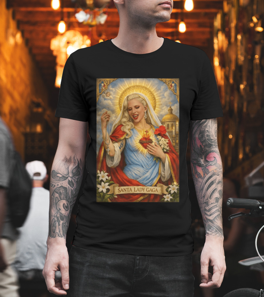 Santa Lady Gaga Sacred Heart Imagery With Rosary And Golden Halo T-Shirt