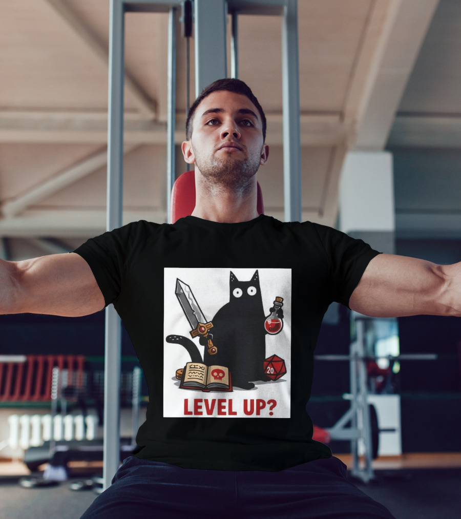 Black Cat Level Up Sword Potion D20 Dice Book Dungeons And Dragons T-Shirt