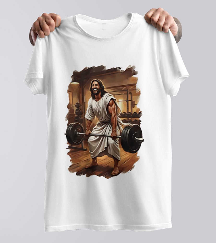 Jesus Lifting Weights In Gym Spiritual Fitness Motivation T-Shirt