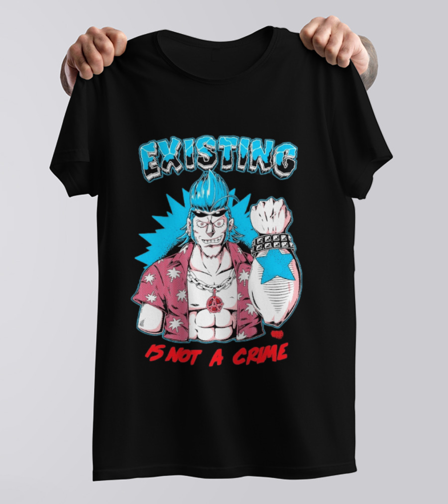 EXISTING IS NOT A CRIME Anime Punk Character Blue Hair Star Tattoo T-Shirt