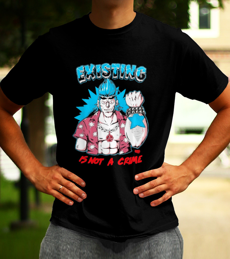 EXISTING IS NOT A CRIME Anime Punk Character Blue Hair Star Tattoo T-Shirt