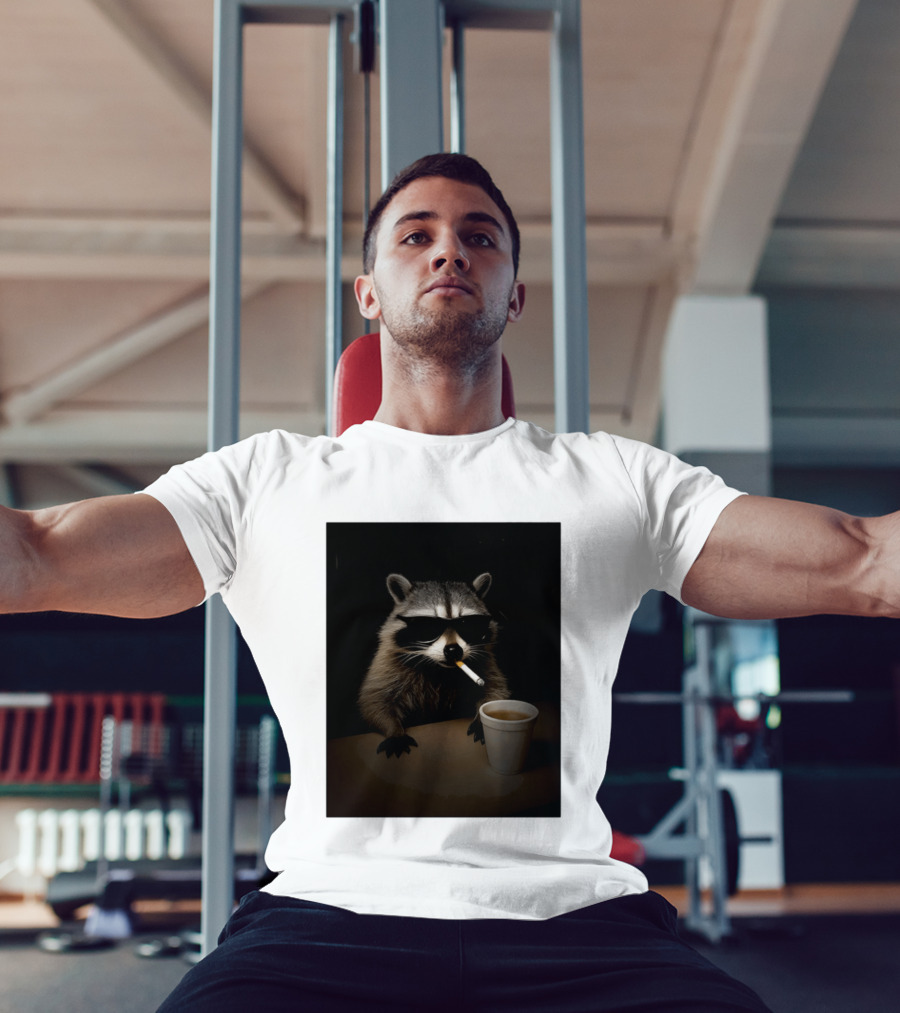 Raccoon Drinking Coffee Smoking Cigarette Wearing Sunglasses T-Shirt