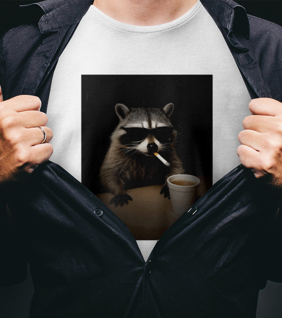 Raccoon Drinking Coffee Smoking Cigarette Wearing Sunglasses T-Shirt