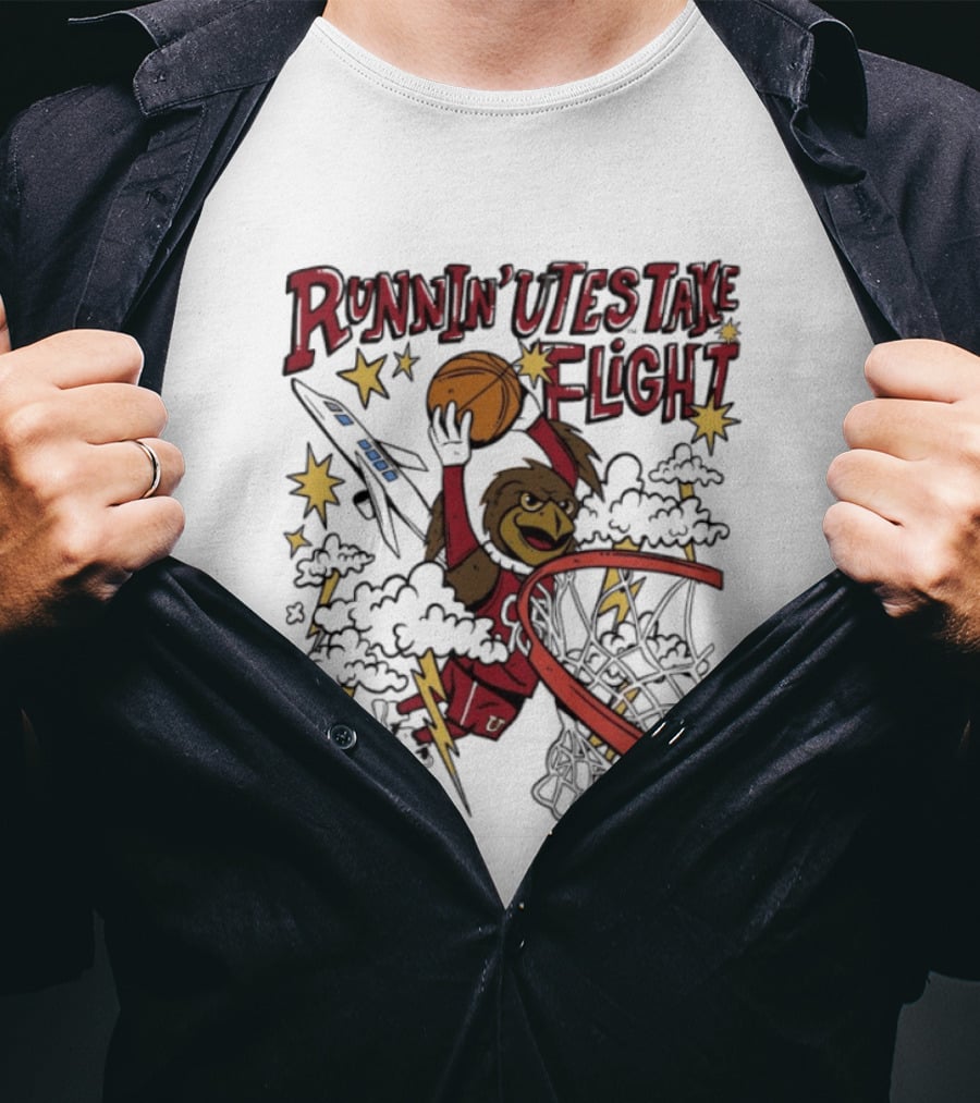 Runnin' Utes Take Flight Basketball Mascot Dunking With Clouds Lightning And Jet T-Shirt