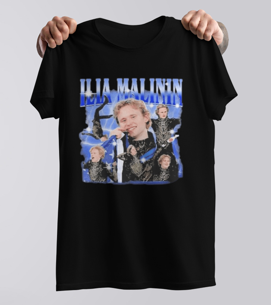 Ilia Malinin Figure Skating Star Blue Sparkle Montage T-Shirt