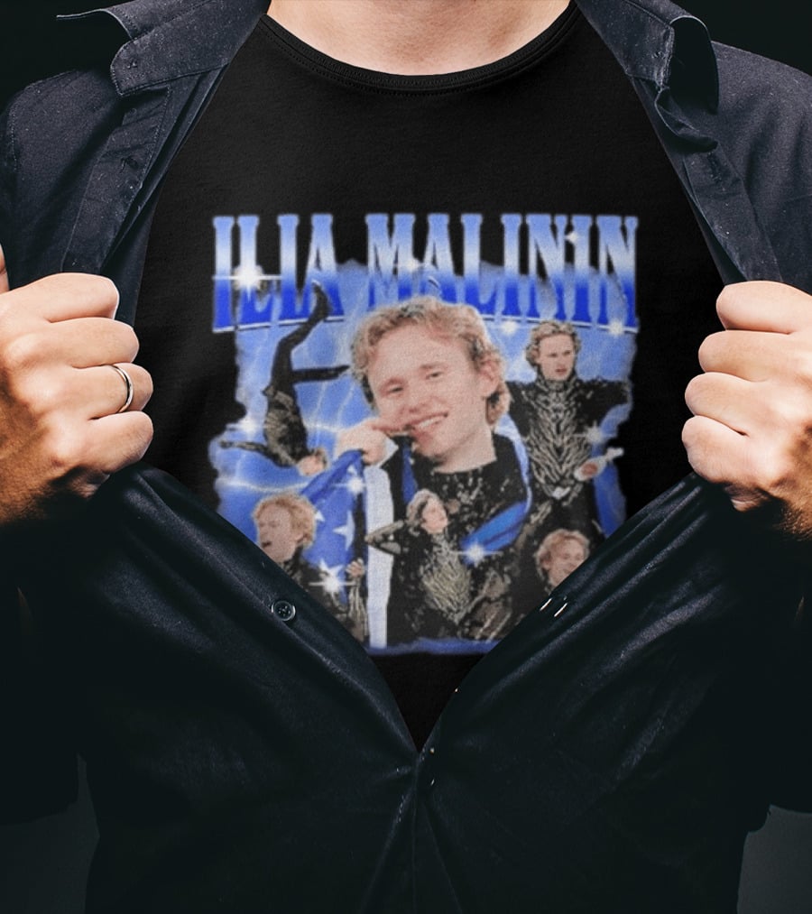 Ilia Malinin Figure Skating Star Blue Sparkle Montage T-Shirt
