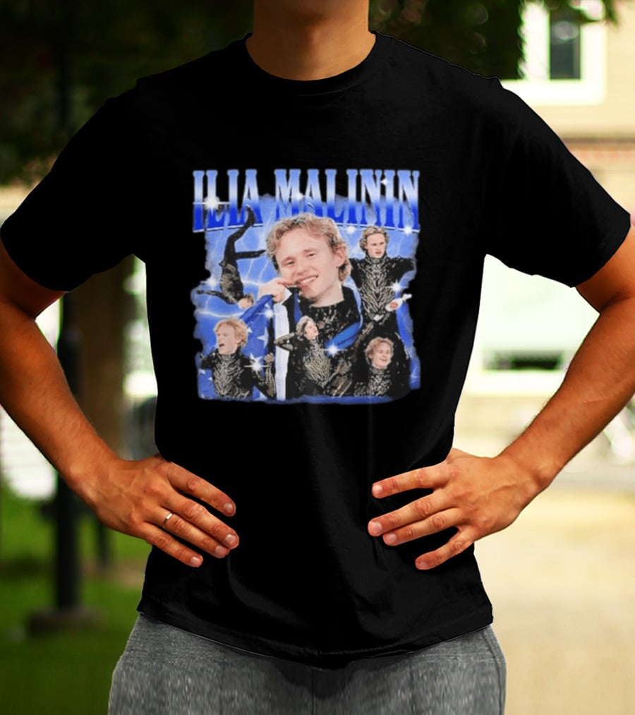 Ilia Malinin Figure Skating Star Blue Sparkle Montage T-Shirt