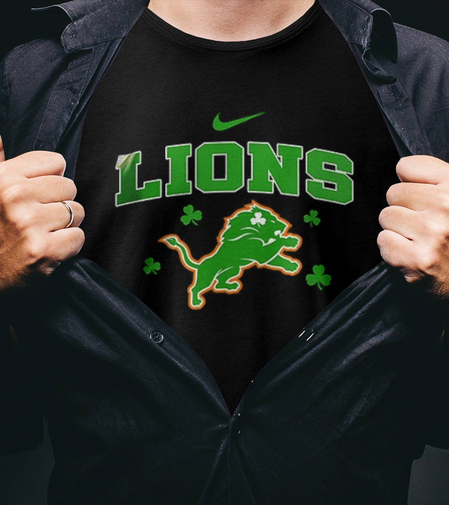 Detroit Lions Irish Theme With Green Shamrocks And Nike T-Shirt