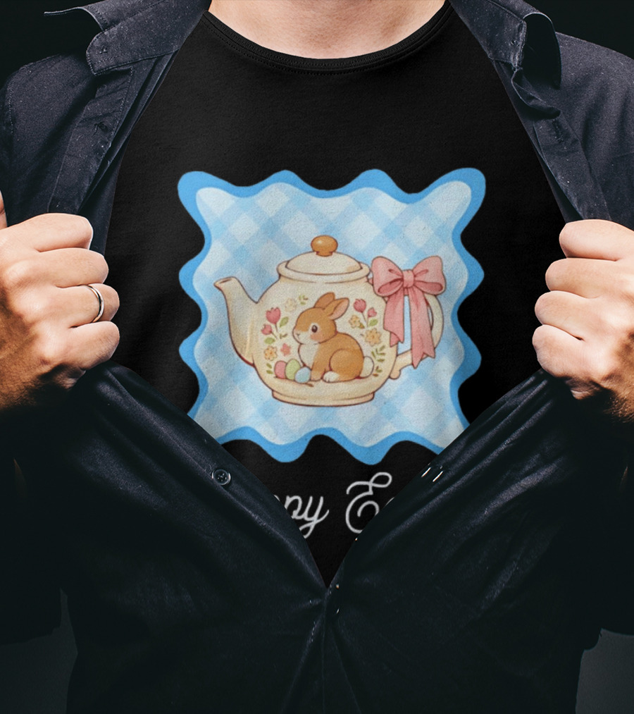 Happy Easter Bunny Teapot With Floral Blue Gingham And Pink Bow T-Shirt