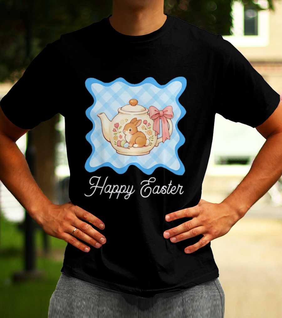 Happy Easter Bunny Teapot With Floral Blue Gingham And Pink Bow T-Shirt