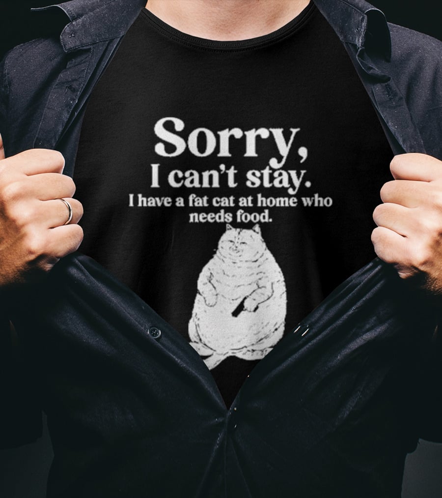 Sorry I Can't Stay I Have A Fat Cat At Home Who Needs Food Cat Lover Humor T-Shirt