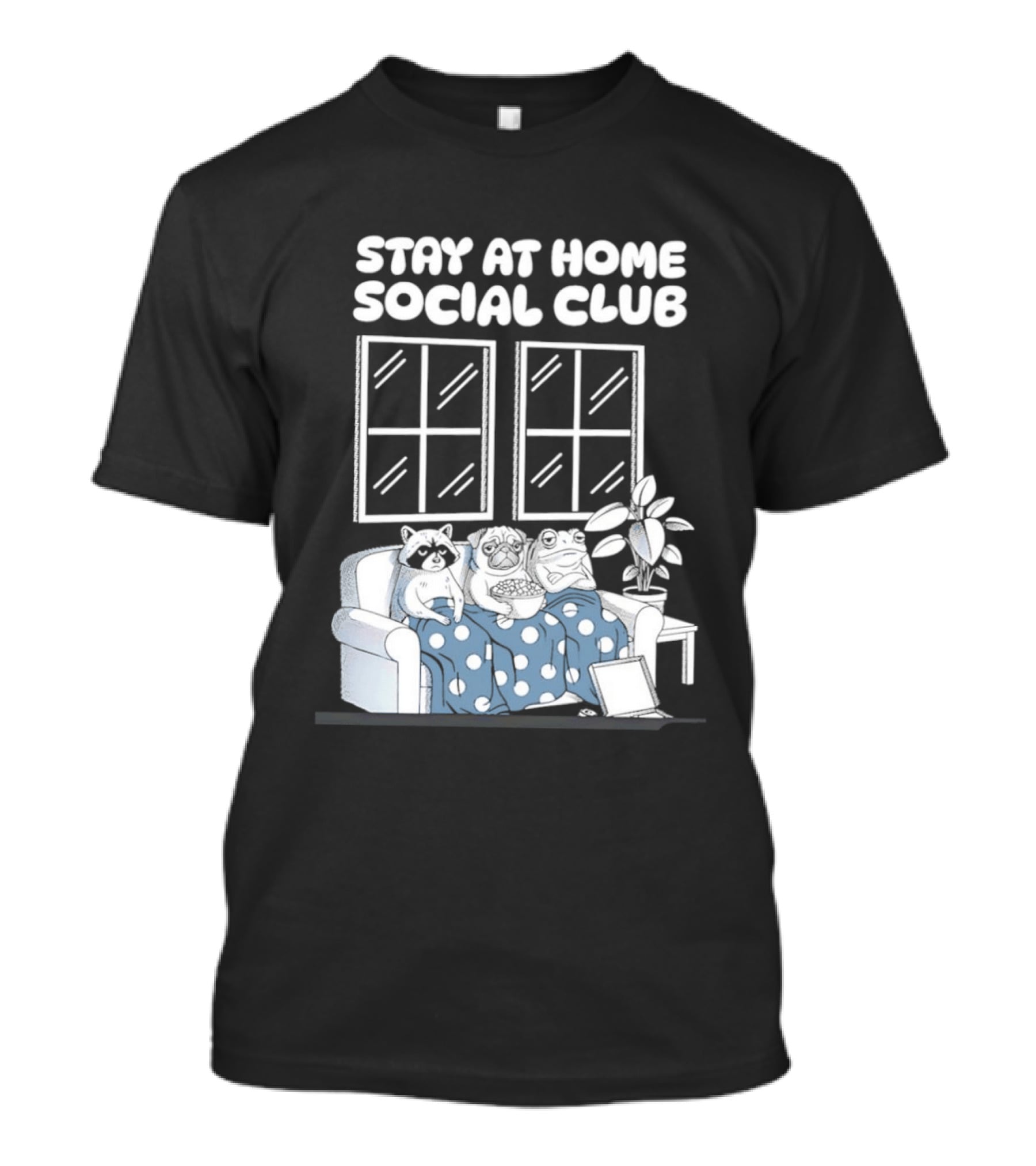Stay At Home Social Club Raccoon Pug Frog Sofa Window Plant Scene T-Shirt