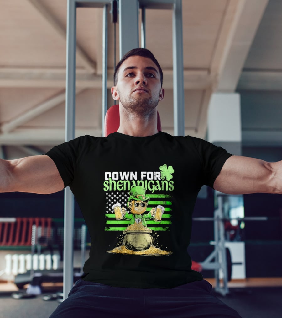 Down For Shenanigans Leprechaun With Beers And Clover American Flag T-Shirt