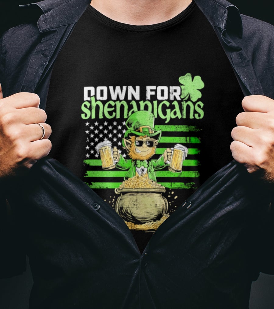 Down For Shenanigans Leprechaun With Beers And Clover American Flag T-Shirt