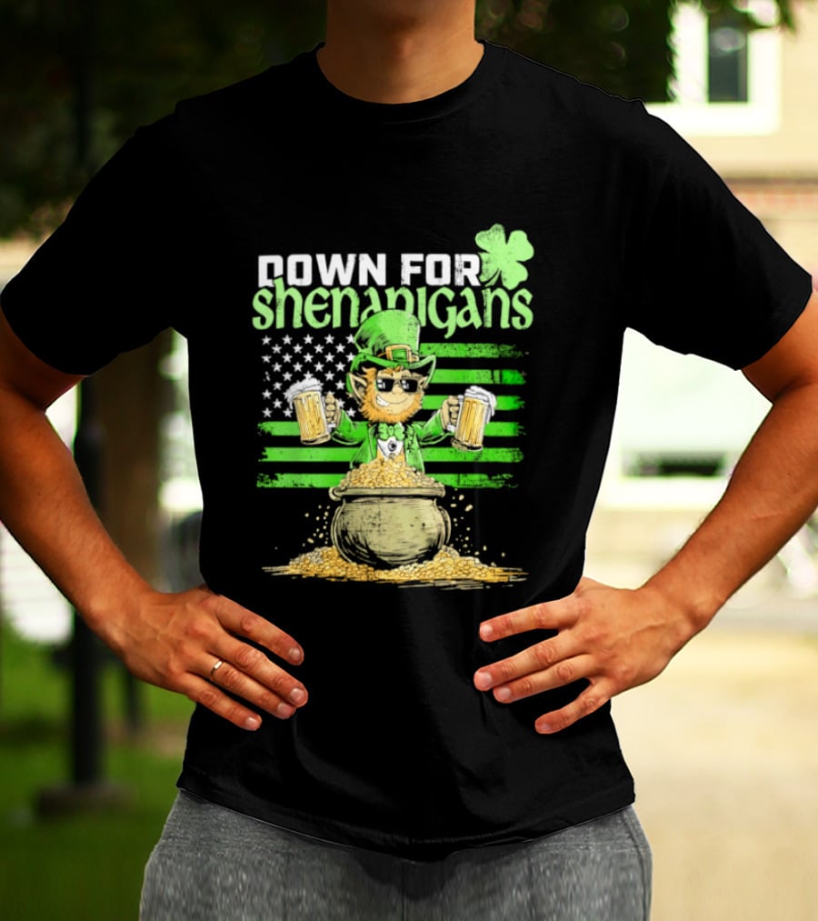 Down For Shenanigans Leprechaun With Beers And Clover American Flag T-Shirt