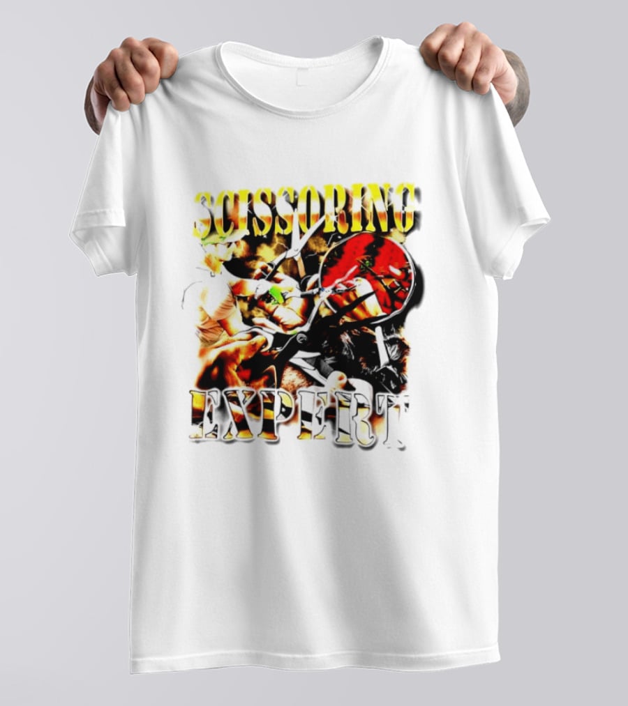 Scissoring Expert Vibrant Scissors Holding T-Shirt