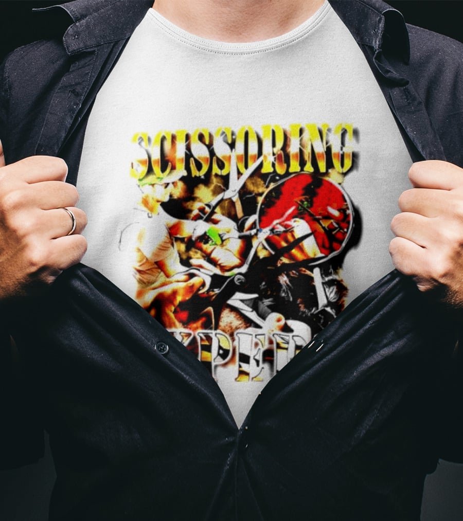 Scissoring Expert Vibrant Scissors Holding T-Shirt