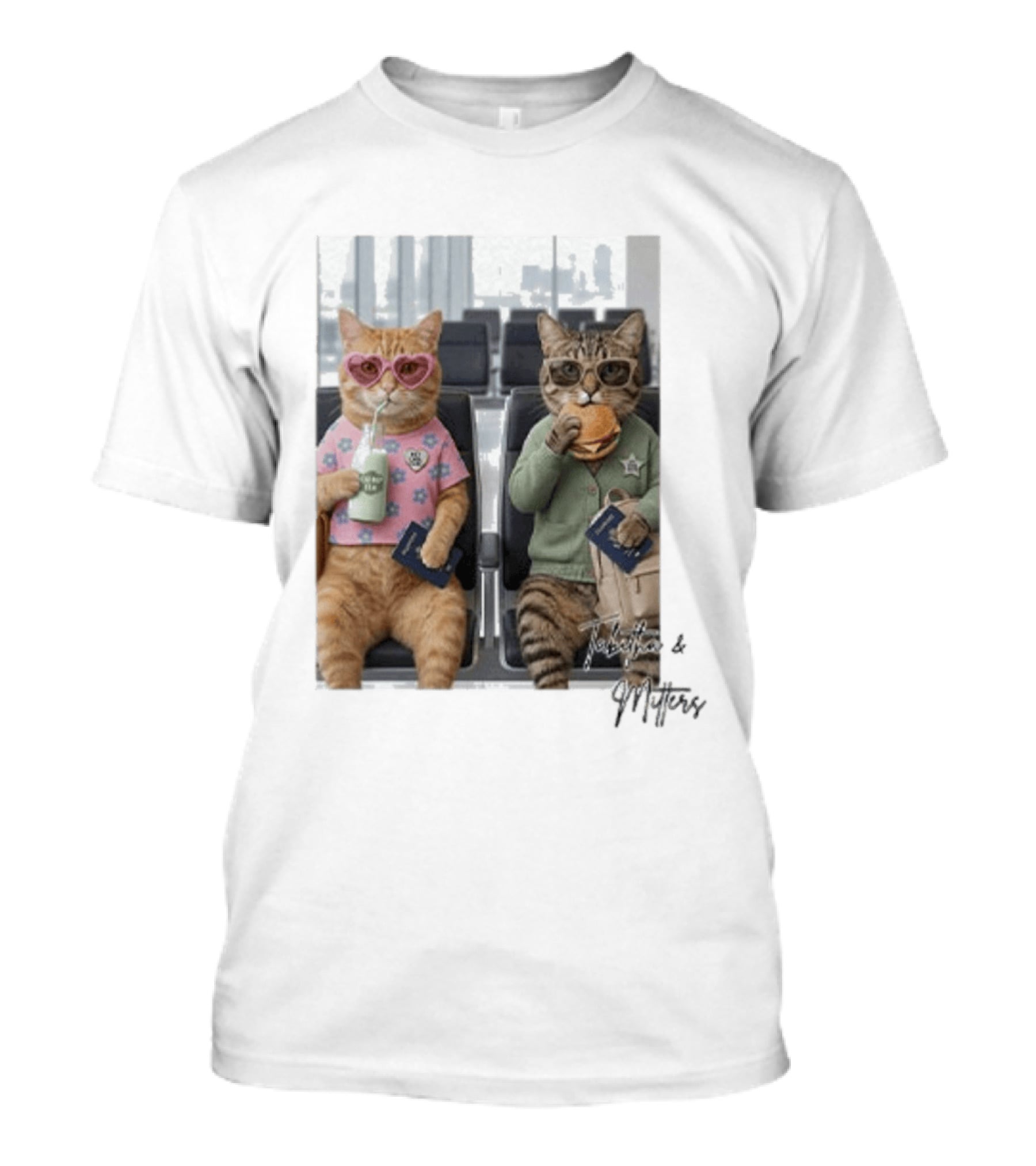 Tabitha & Mittens Airport Adventure Cats With Heart Glasses Milkshake Burger Passport T-Shirt