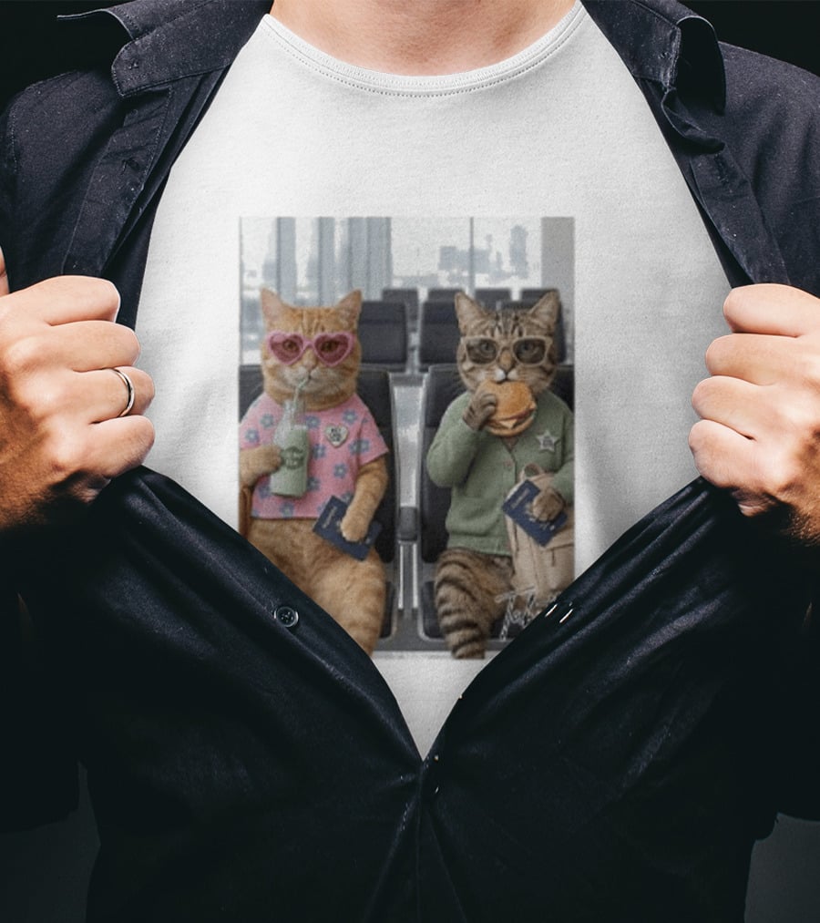 Tabitha & Mittens Airport Adventure Cats With Heart Glasses Milkshake Burger Passport T-Shirt