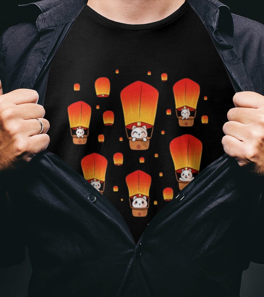 Cats In Lanterns Floating Skyward With Chinese New Year Charm T-Shirt