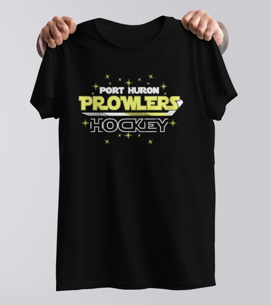 Port Huron Prowlers Hockey Team Yellow Text With Stars And Stick T-Shirt