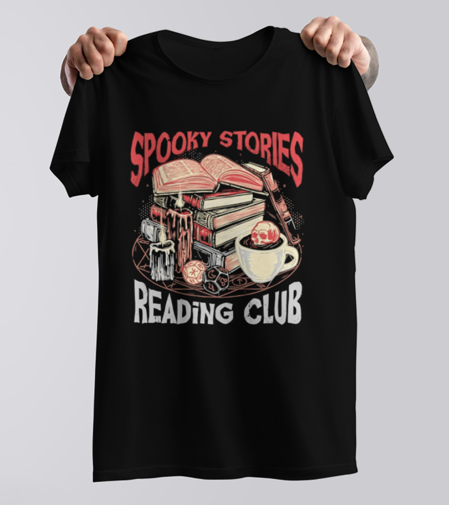 Spooky Stories Reading Club Books Candles Skulls And Cup T-Shirt