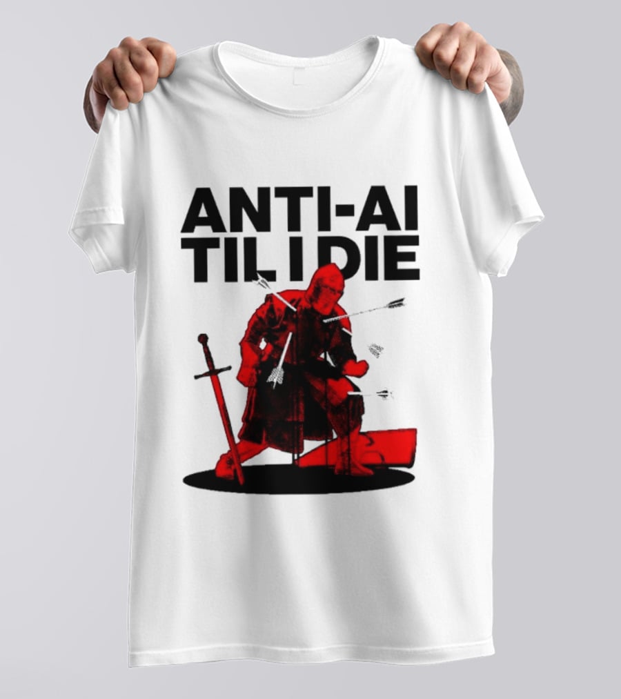 ANTI AI TIL I DIE Medieval Warrior Kneeling With Sword And Arrows T-Shirt