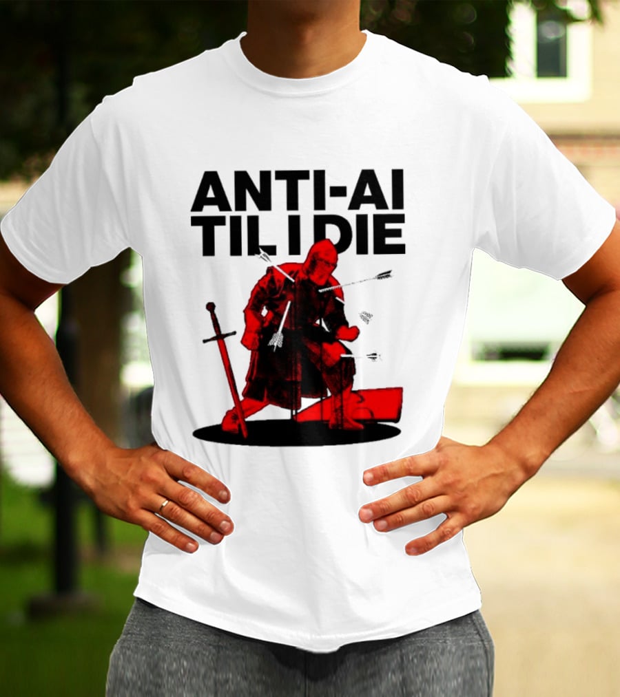 ANTI AI TIL I DIE Medieval Warrior Kneeling With Sword And Arrows T-Shirt