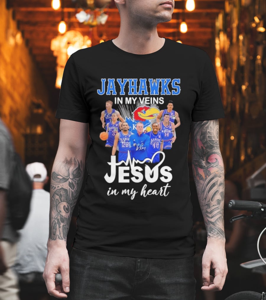 Jayhawks In My Veins Jesus In My Heart Kansas Basketball Coach Bill Self Players T-Shirt