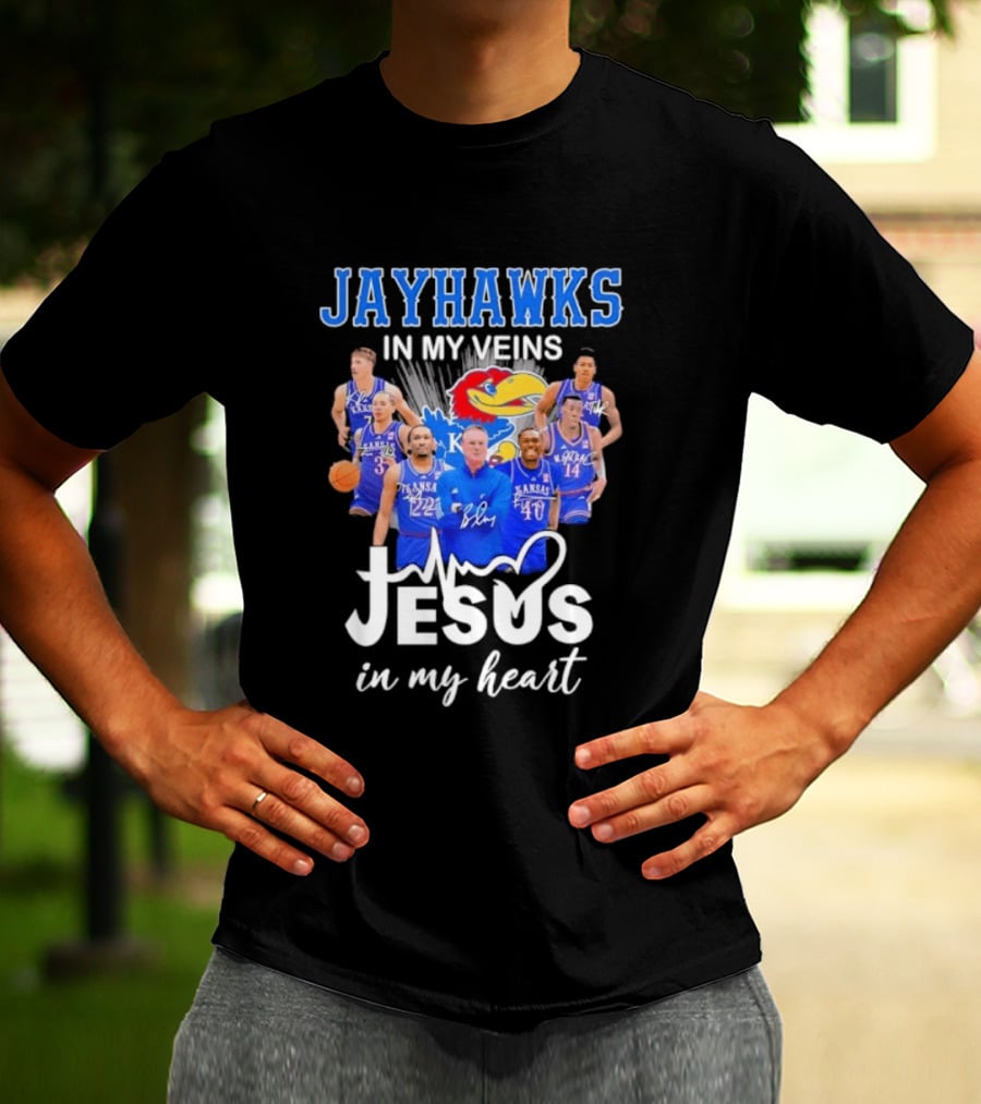 Jayhawks In My Veins Jesus In My Heart Kansas Basketball Coach Bill Self Players T-Shirt