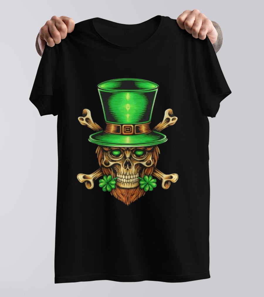 Leprechaun Irish Skull Clover Crossbones Green Top Hat St Patrick's Day T-Shirt