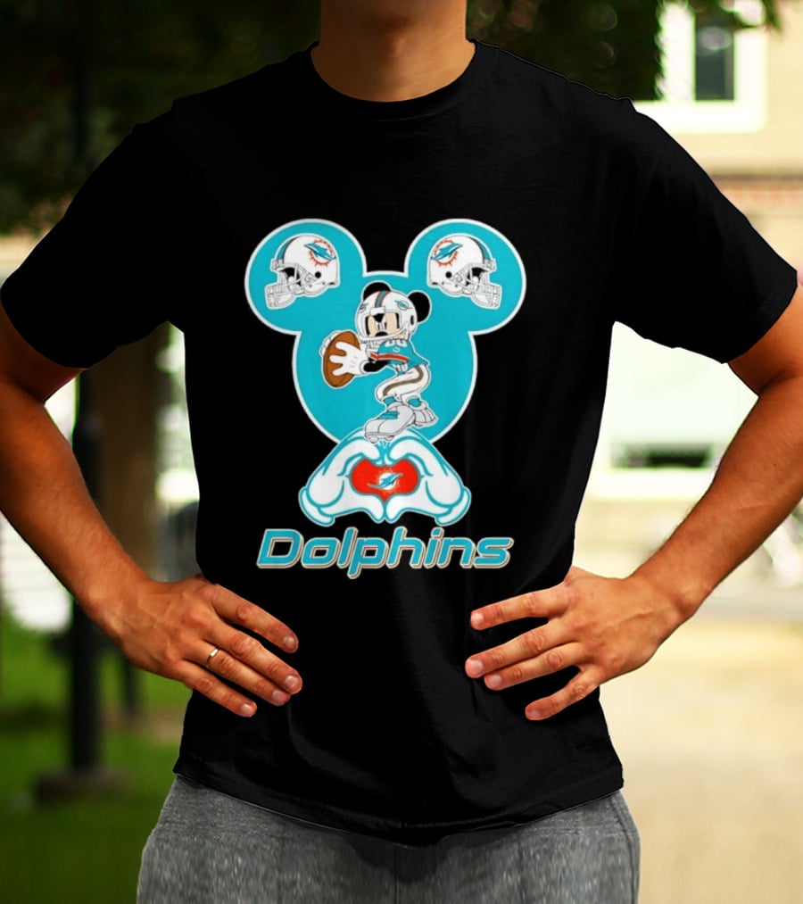 Miami Dolphins Mickey Mouse Heart Hands Football Helmets T-Shirt