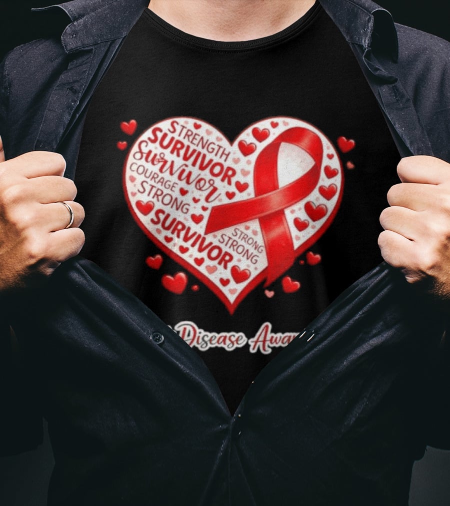 Survivor Strength Courage Strong Heart Disease Awareness Red Ribbon T-Shirt