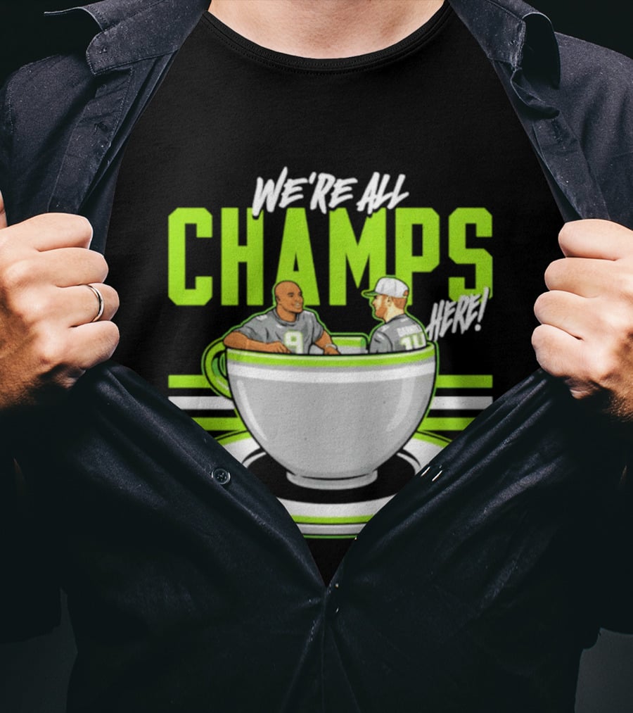 We're All Champs Here Kenneth Walker III Sam Darnold Seattle Tea Cup T-Shirt