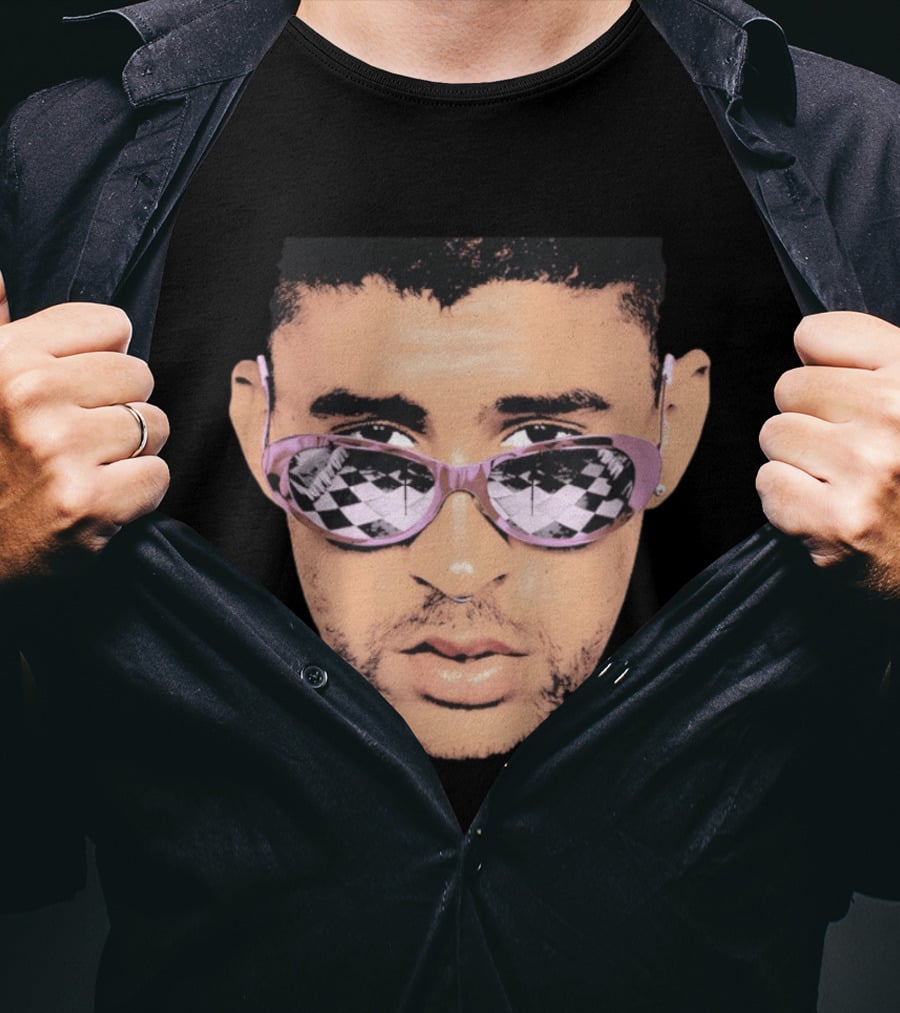 Bad Bunny Big Face Pastel Sunglasses Checkered T-Shirt
