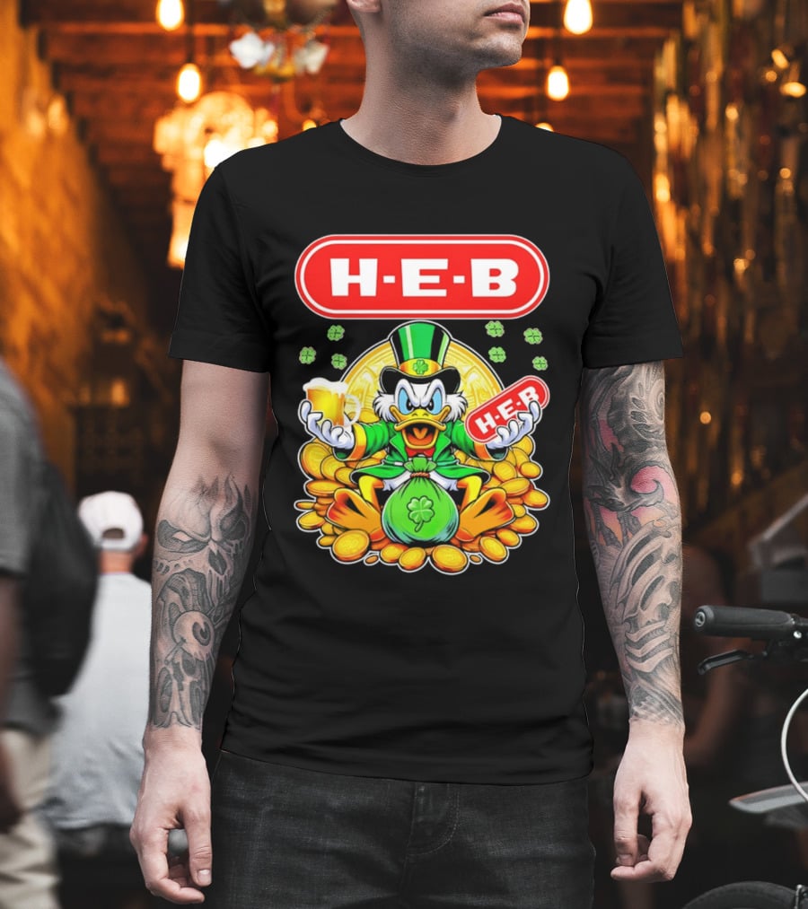 H E B St Patricks Day Scrooge McDuck Coins And Clover Hat T-Shirt
