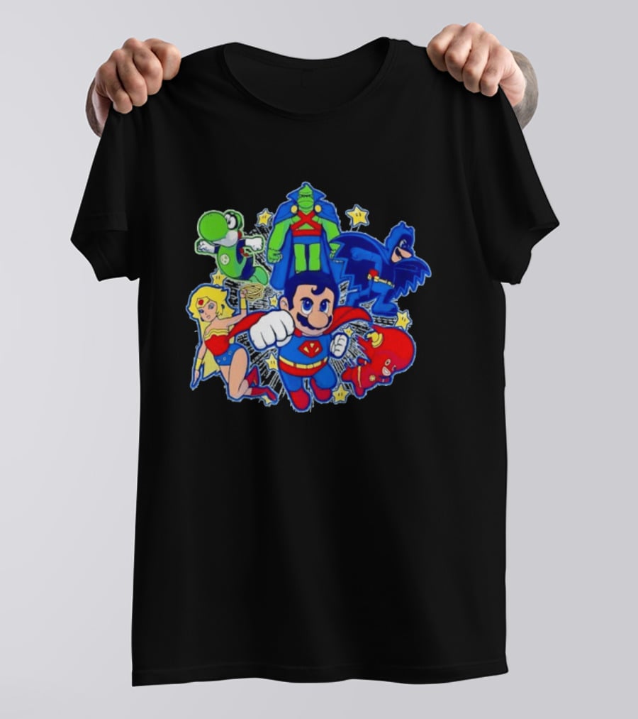 Justice League Mario Bros Crossover With Yoshi Batman Flash Wonder Woman Martian Manhunter T-Shirt
