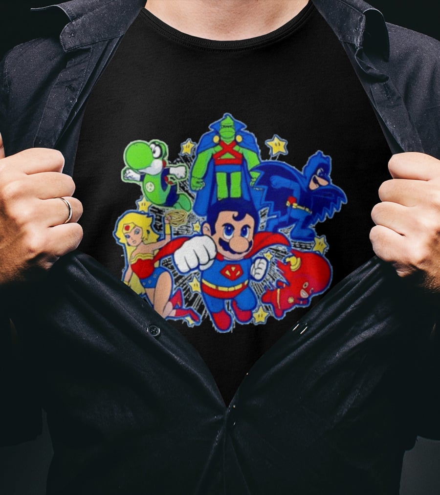 Justice League Mario Bros Crossover With Yoshi Batman Flash Wonder Woman Martian Manhunter T-Shirt