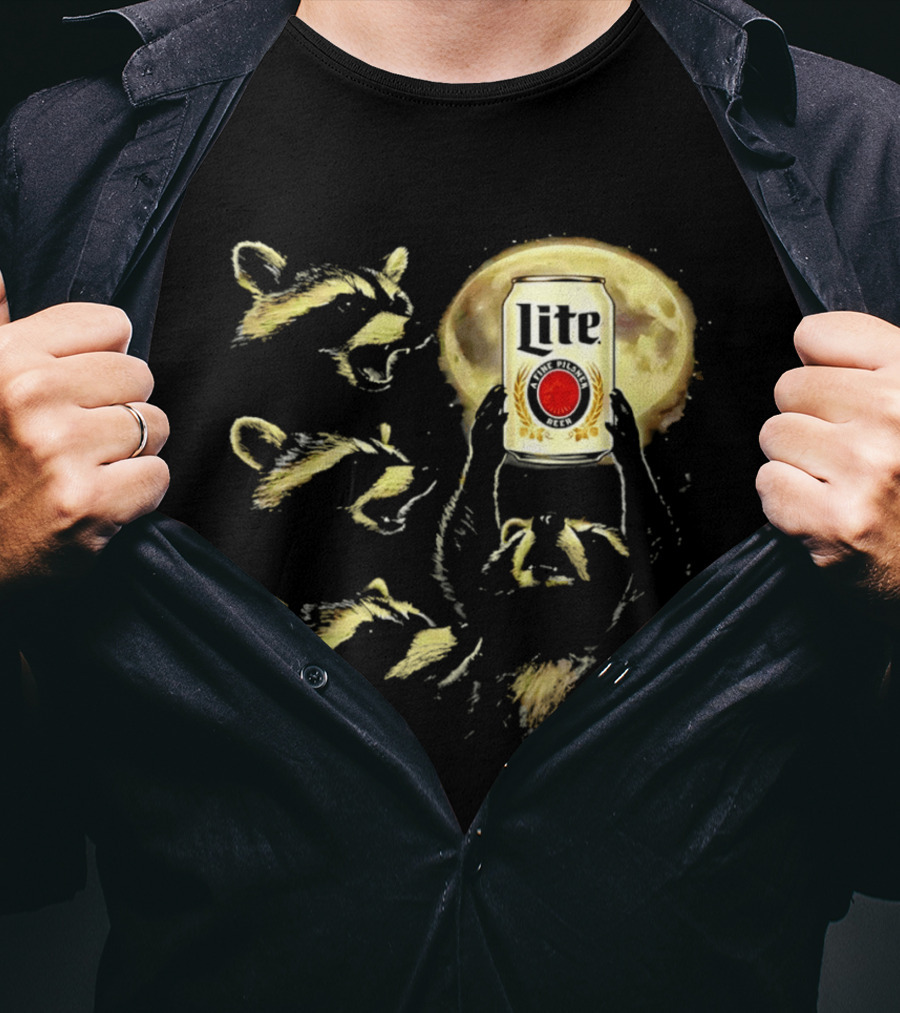 Moon Raccoon Lite Beer Can In Full Moonlight T-Shirt