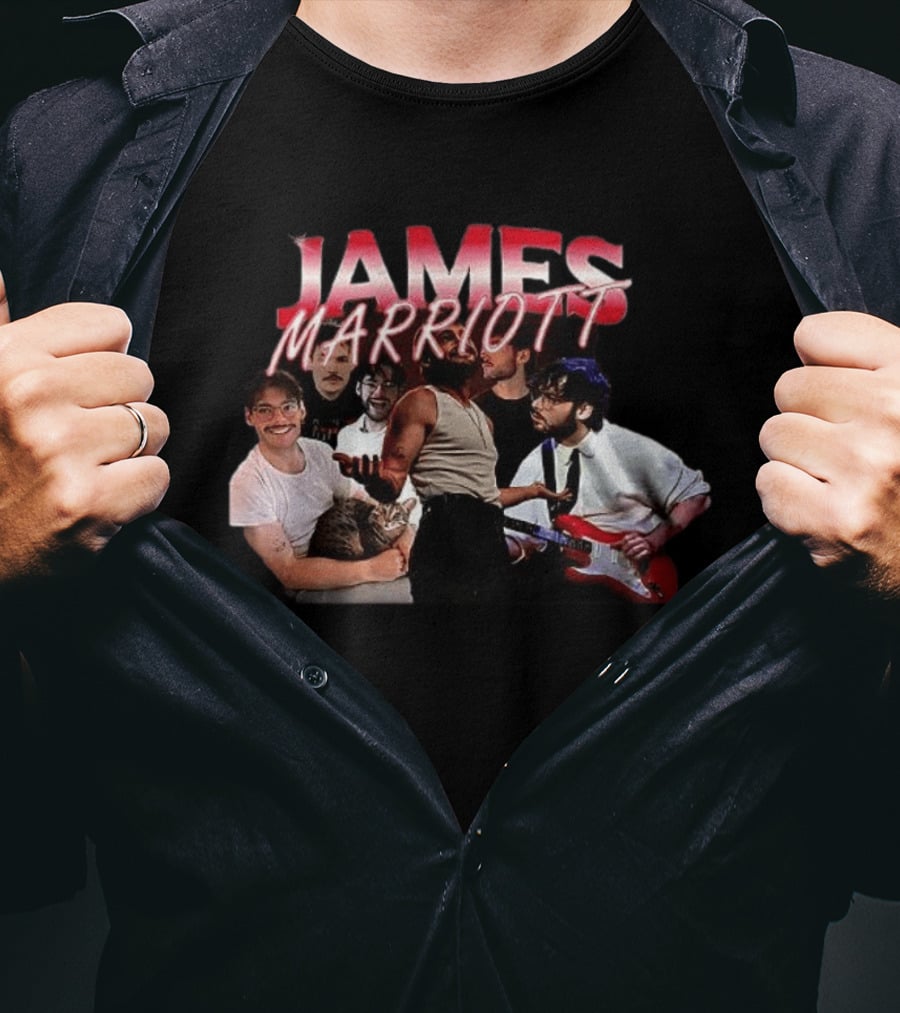 James Marriott Musician Collage With Guitar And Cat T-Shirt