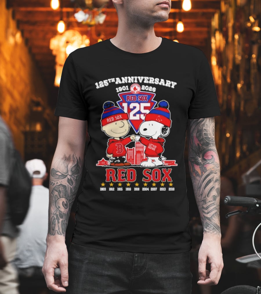 Charlie Brown Snoopy Peanuts Red Sox 125th Anniversary 1901 2026 T-Shirt