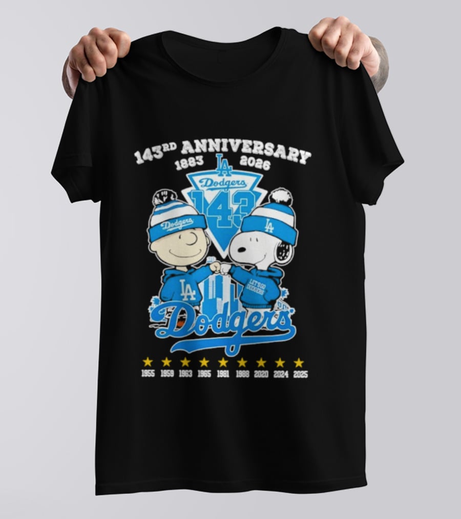Los Angeles Dodgers 143rd Anniversary 1883 2026 Charlie Brown Snoopy Fist Bump T-Shirt
