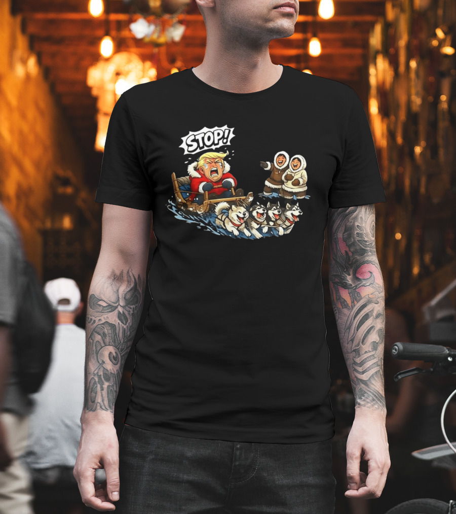 STOP Trump Greenland Dogsled Cartoon T-Shirt